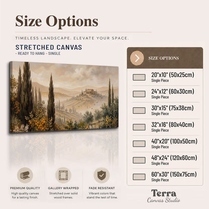 Cypress trees, distant villas and warm rolling hills single canvas wall art available dimensions