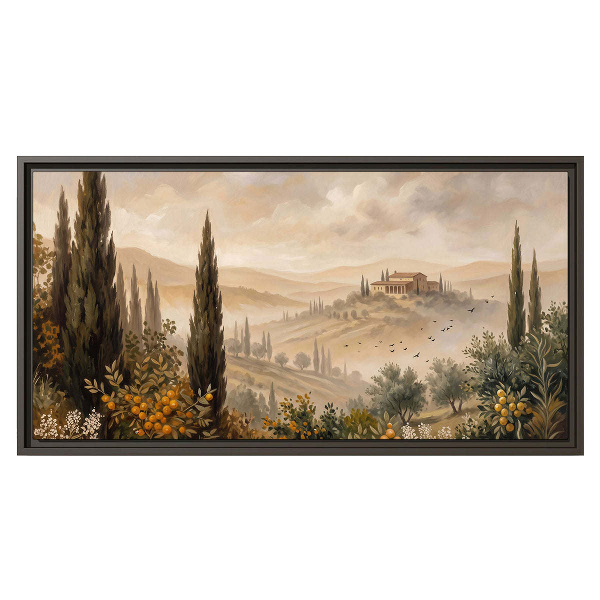 Cypress trees, distant villas and warm rolling hills single framed canvas wall art viewed straight on