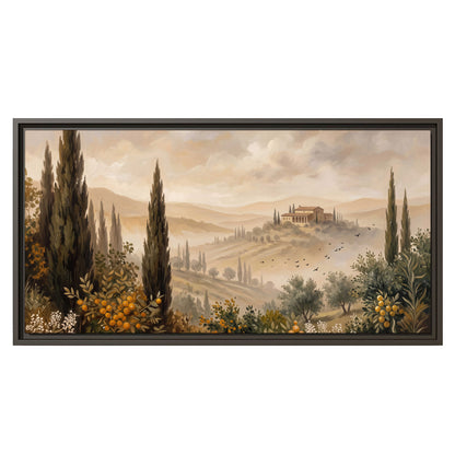 Cypress trees, distant villas and warm rolling hills single framed canvas wall art viewed straight on