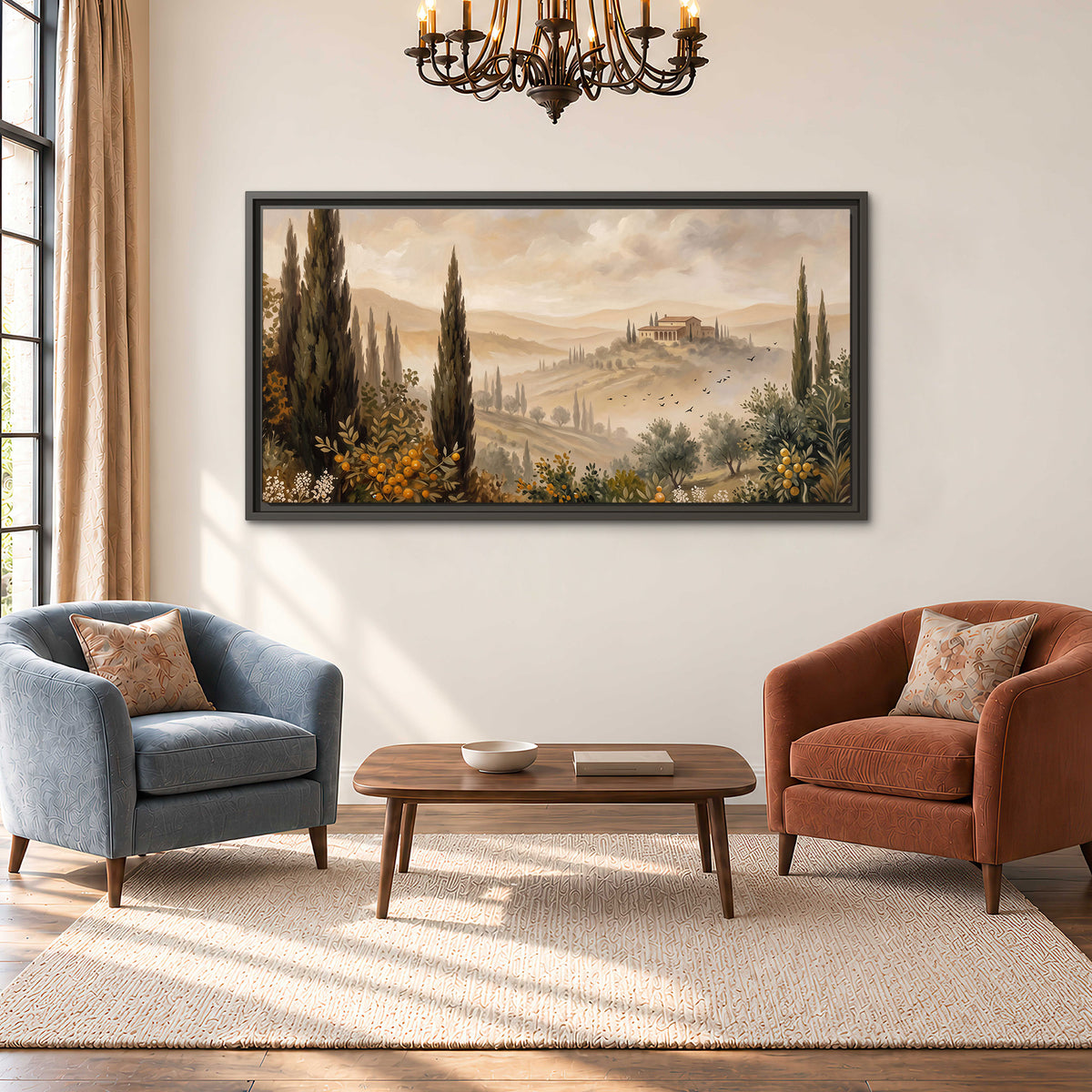 Cypress trees, distant villas and warm rolling hills single framed canvas wall art styled in an interior