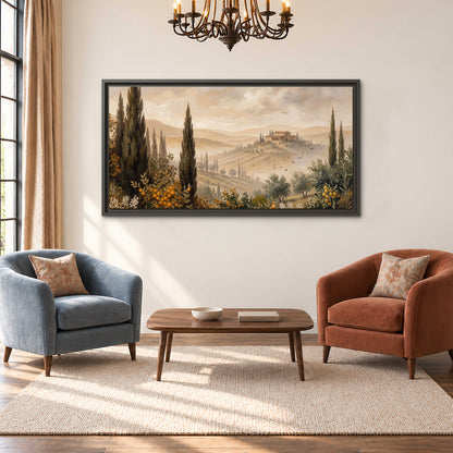 Cypress trees, distant villas and warm rolling hills single framed canvas wall art styled in an interior