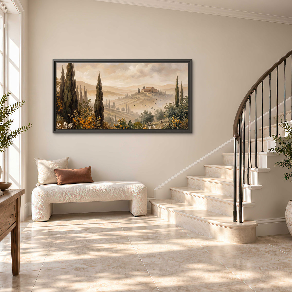 Cypress trees, distant villas and warm rolling hills single framed canvas wall art styled in an interior