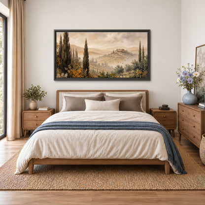 Cypress trees, distant villas and warm rolling hills single framed canvas wall art styled in an interior