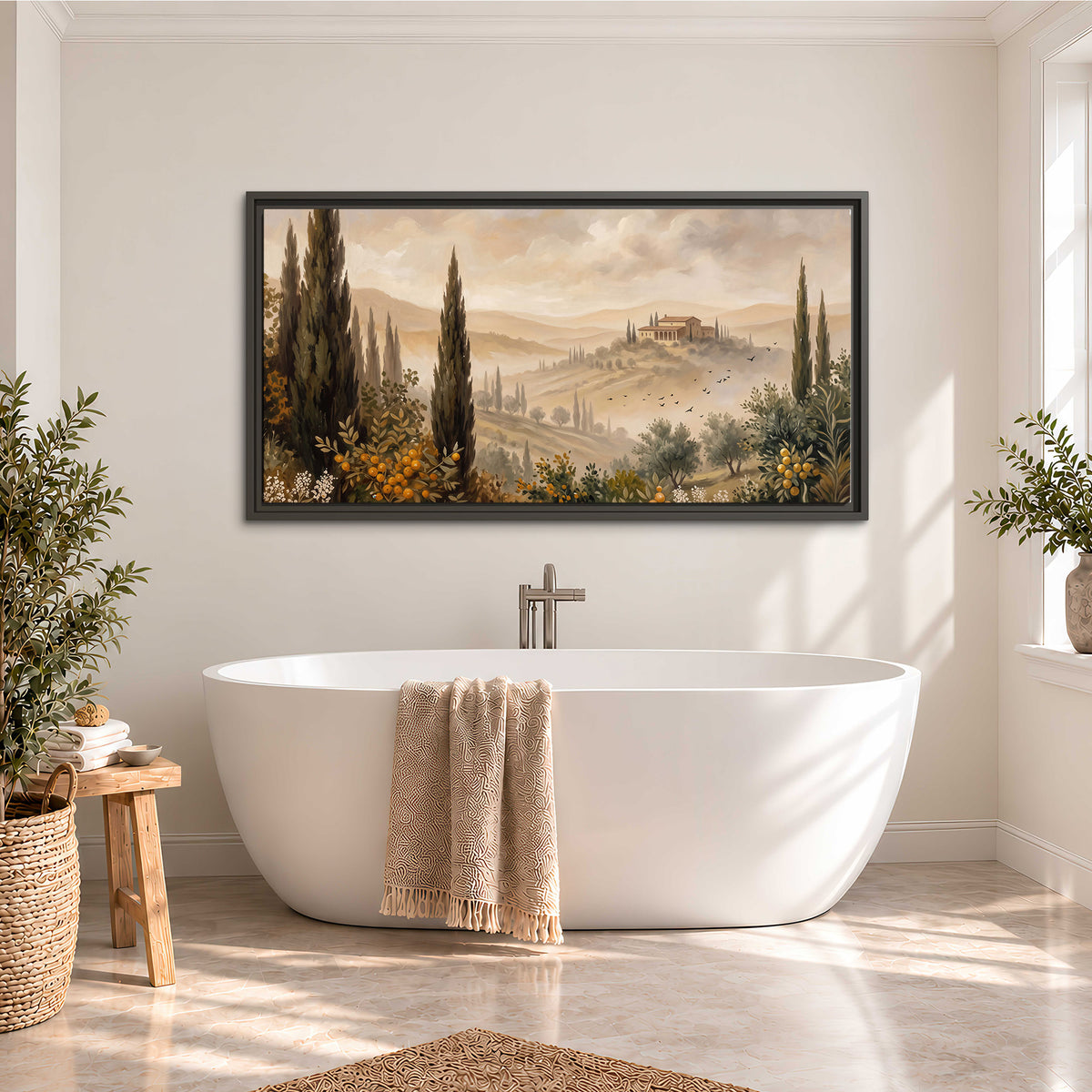 Cypress trees, distant villas and warm rolling hills single framed canvas wall art styled in an interior