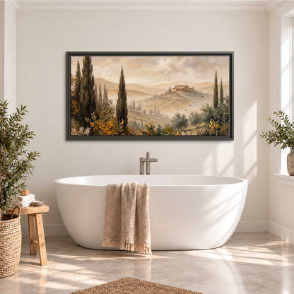 Cypress trees, distant villas and warm rolling hills single framed canvas wall art styled in an interior