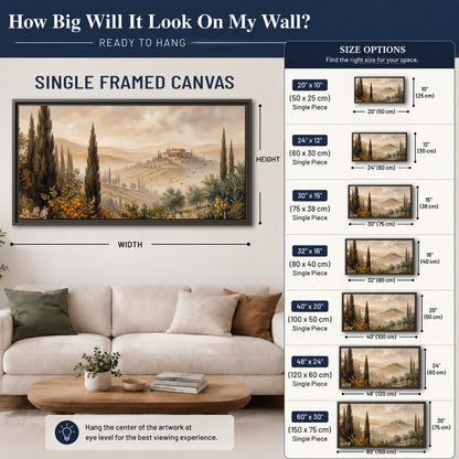 Cypress trees, distant villas and warm rolling hills single framed canvas wall art size guide above a sofa; room view is illustrative