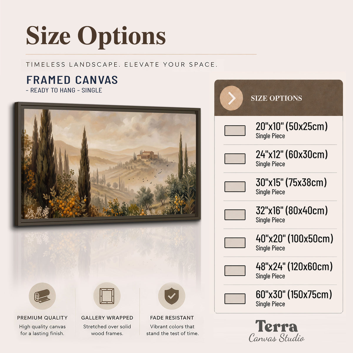 Cypress trees, distant villas and warm rolling hills single framed canvas wall art available dimensions