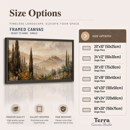 Cypress trees, distant villas and warm rolling hills single framed canvas wall art available dimensions