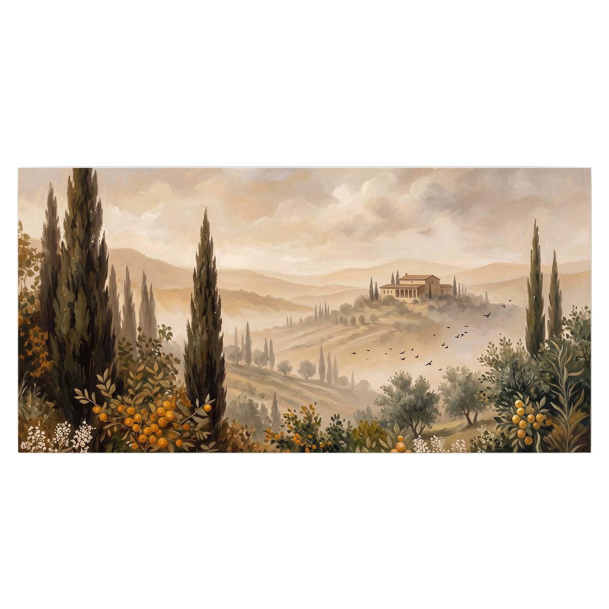 Cypress trees, distant villas and warm rolling hills single poster print viewed straight on