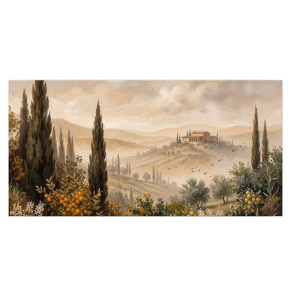 Cypress trees, distant villas and warm rolling hills single poster print viewed straight on