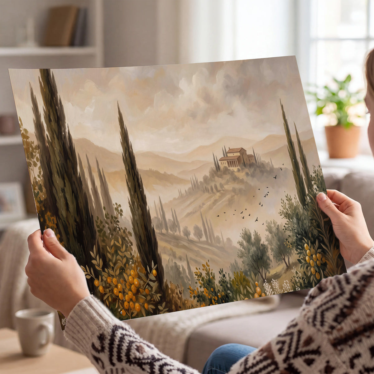 Cypress trees, distant villas and warm rolling hills single poster print held in hands