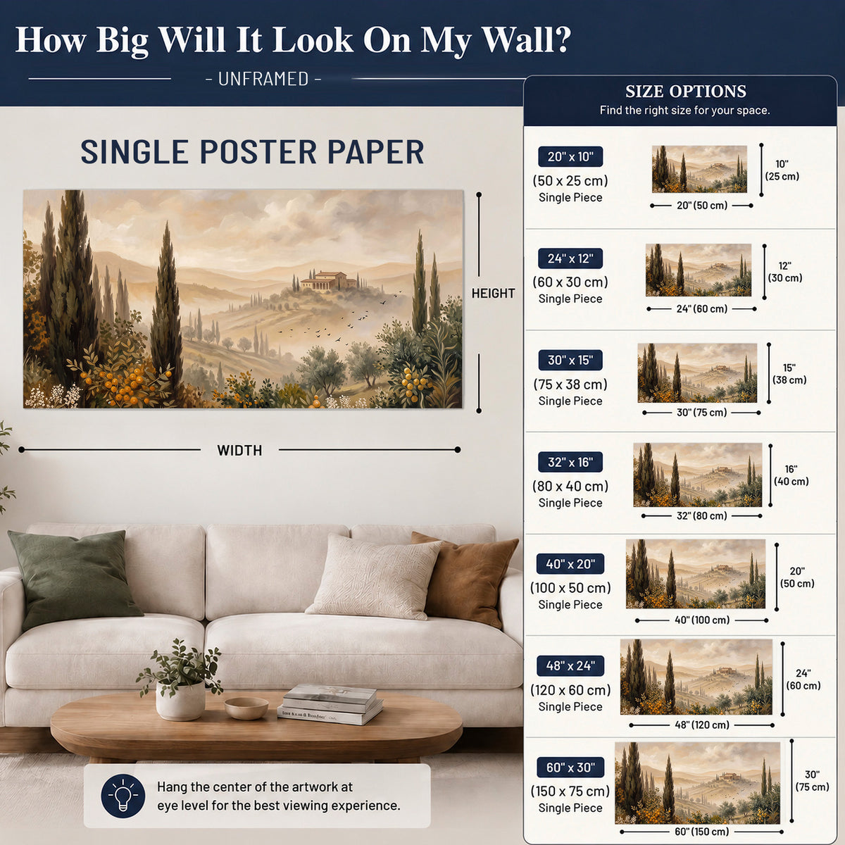 Cypress trees, distant villas and warm rolling hills single poster print size guide above a sofa; room view is illustrative