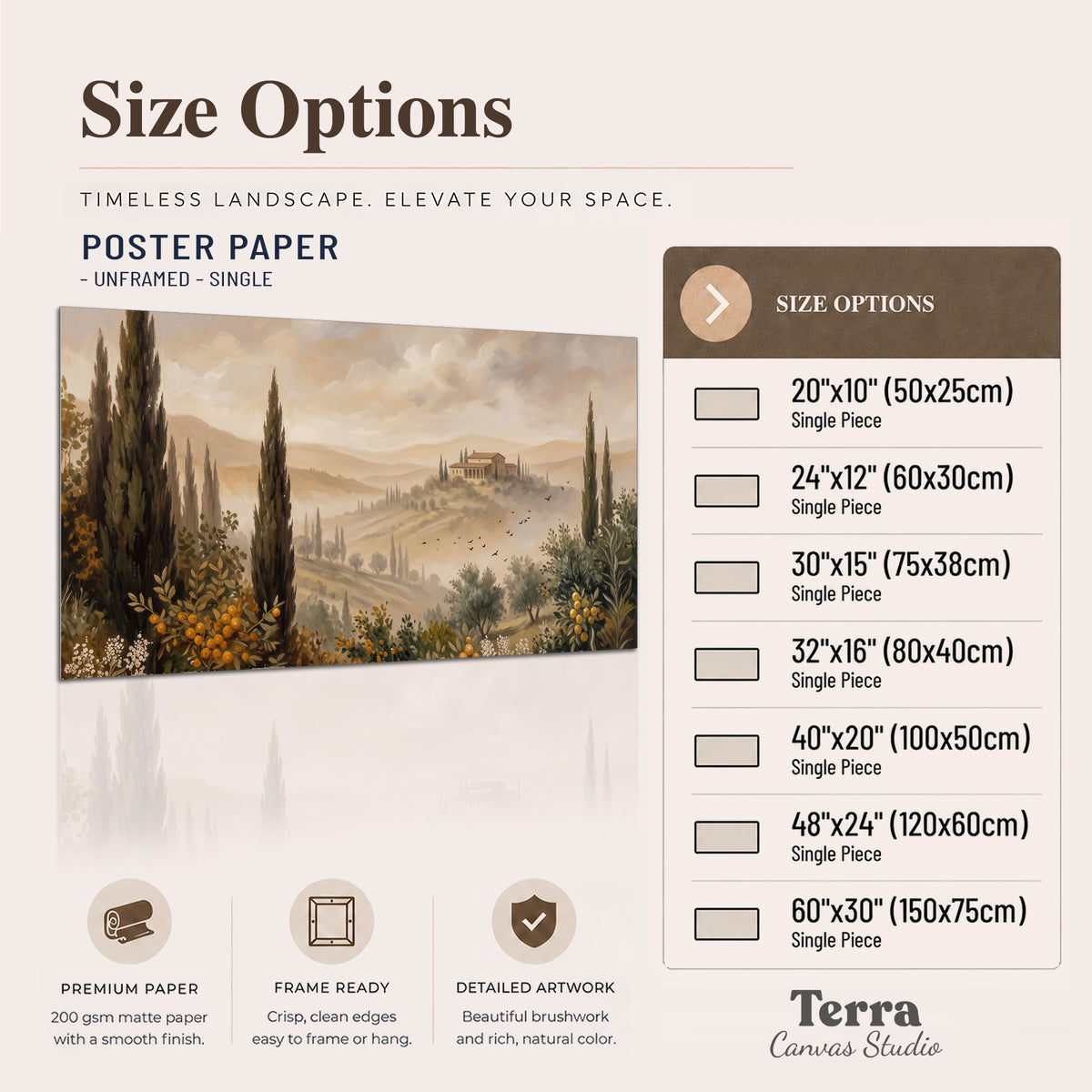 Cypress trees, distant villas and warm rolling hills single poster print available dimensions