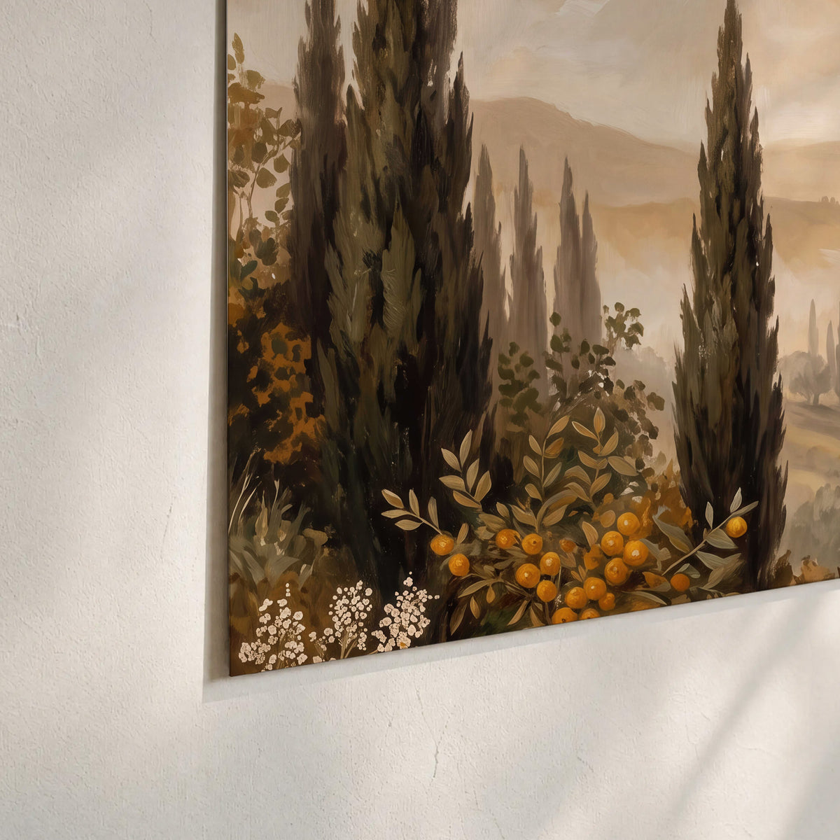 Cypress trees, distant villas and warm rolling hills set of 3 poster prints material and edge close up