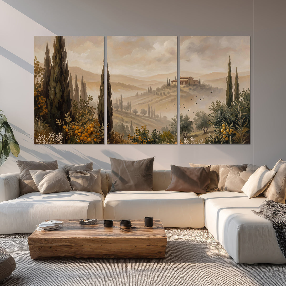 Cypress trees, distant villas and warm rolling hills set of 3 poster prints displayed in a living room