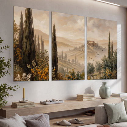 Cypress trees, distant villas and warm rolling hills set of 3 poster prints displayed in a console