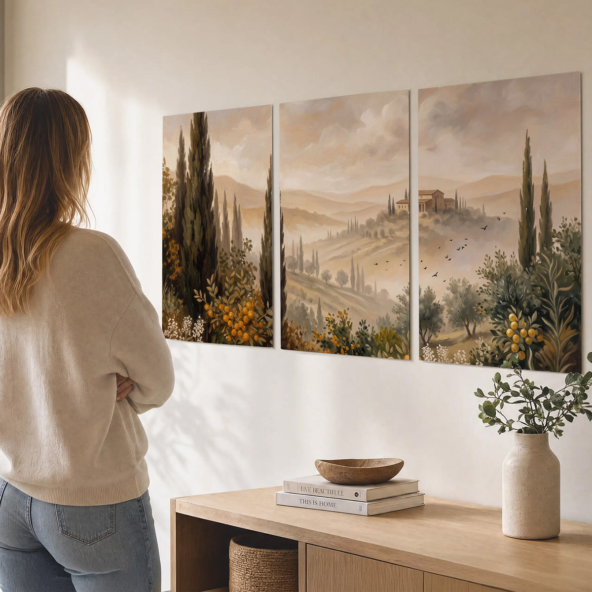 Cypress trees, distant villas and warm rolling hills set of 3 poster prints three panel arrangement on a wall