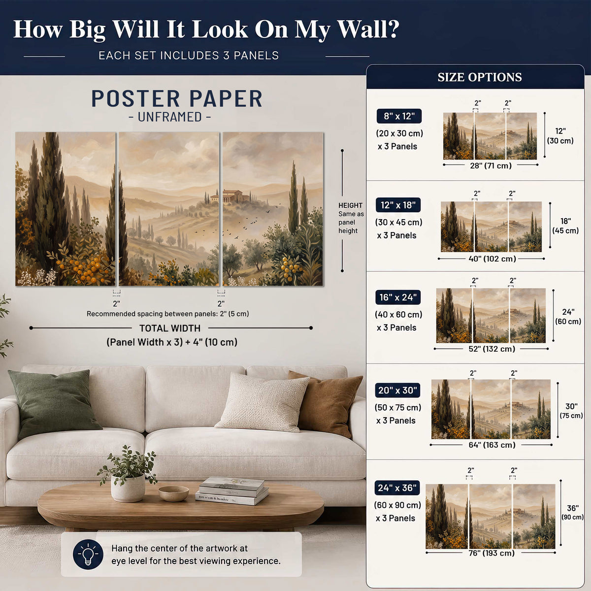 Cypress trees, distant villas and warm rolling hills set of 3 poster prints size guide above a sofa; room view is illustrative