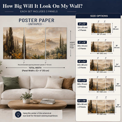 Cypress trees, distant villas and warm rolling hills set of 3 poster prints size guide above a sofa; room view is illustrative