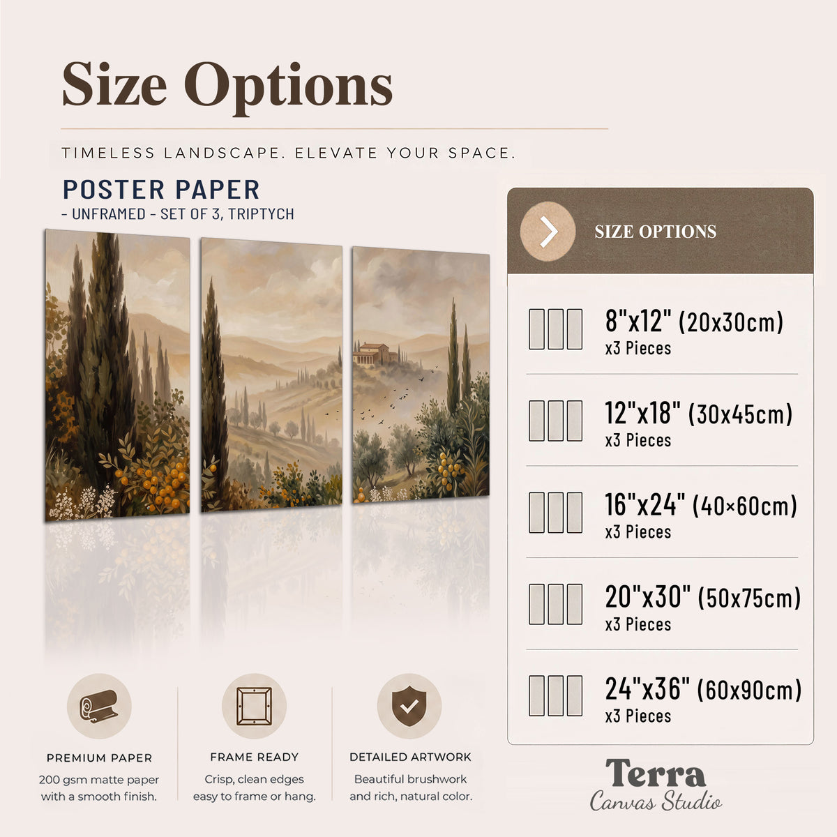 Cypress trees, distant villas and warm rolling hills set of 3 poster prints available dimensions; triptych dimensions are per panel