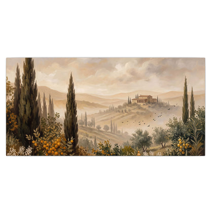 Cypress trees, distant villas and warm rolling hills single canvas wall art viewed straight on
