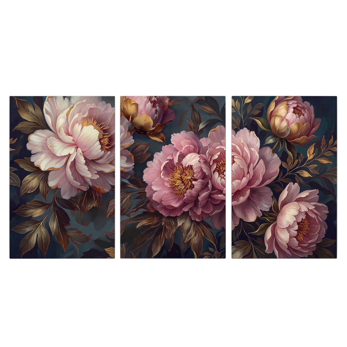 Large pink and cream peonies against deep blue foliage 3 piece canvas wall art viewed straight on