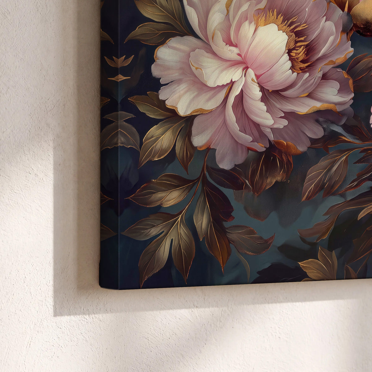 Large pink and cream peonies against deep blue foliage 3 piece canvas wall art material and edge close up