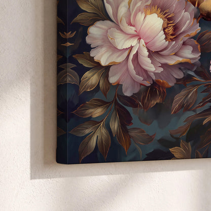 Large pink and cream peonies against deep blue foliage 3 piece canvas wall art material and edge close up
