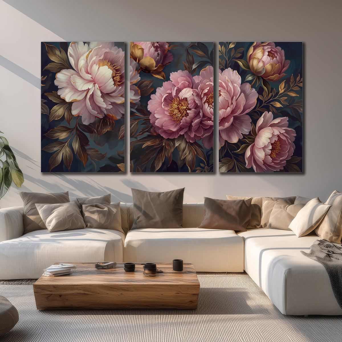 Large pink and cream peonies against deep blue foliage 3 piece canvas wall art displayed in a living room