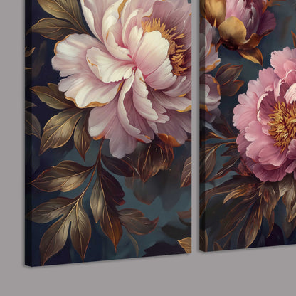 Large pink and cream peonies against deep blue foliage 3 piece canvas wall art room and product view