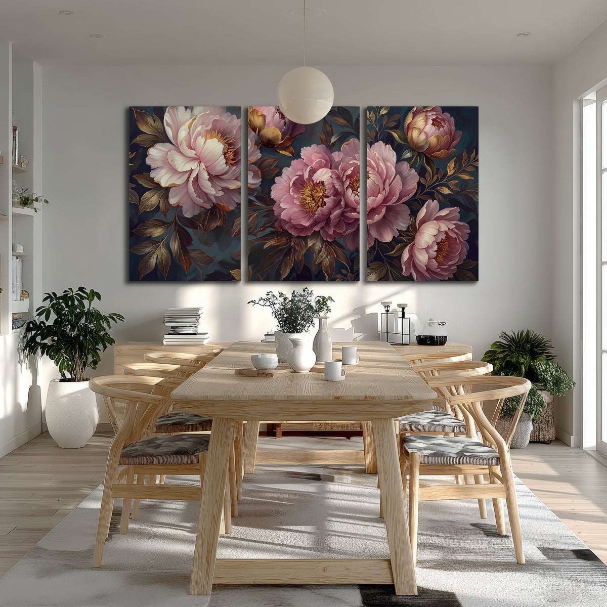 Large pink and cream peonies against deep blue foliage 3 piece canvas wall art room and product view