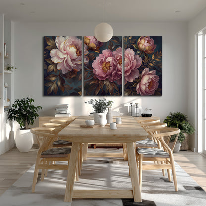 Large pink and cream peonies against deep blue foliage 3 piece canvas wall art room and product view