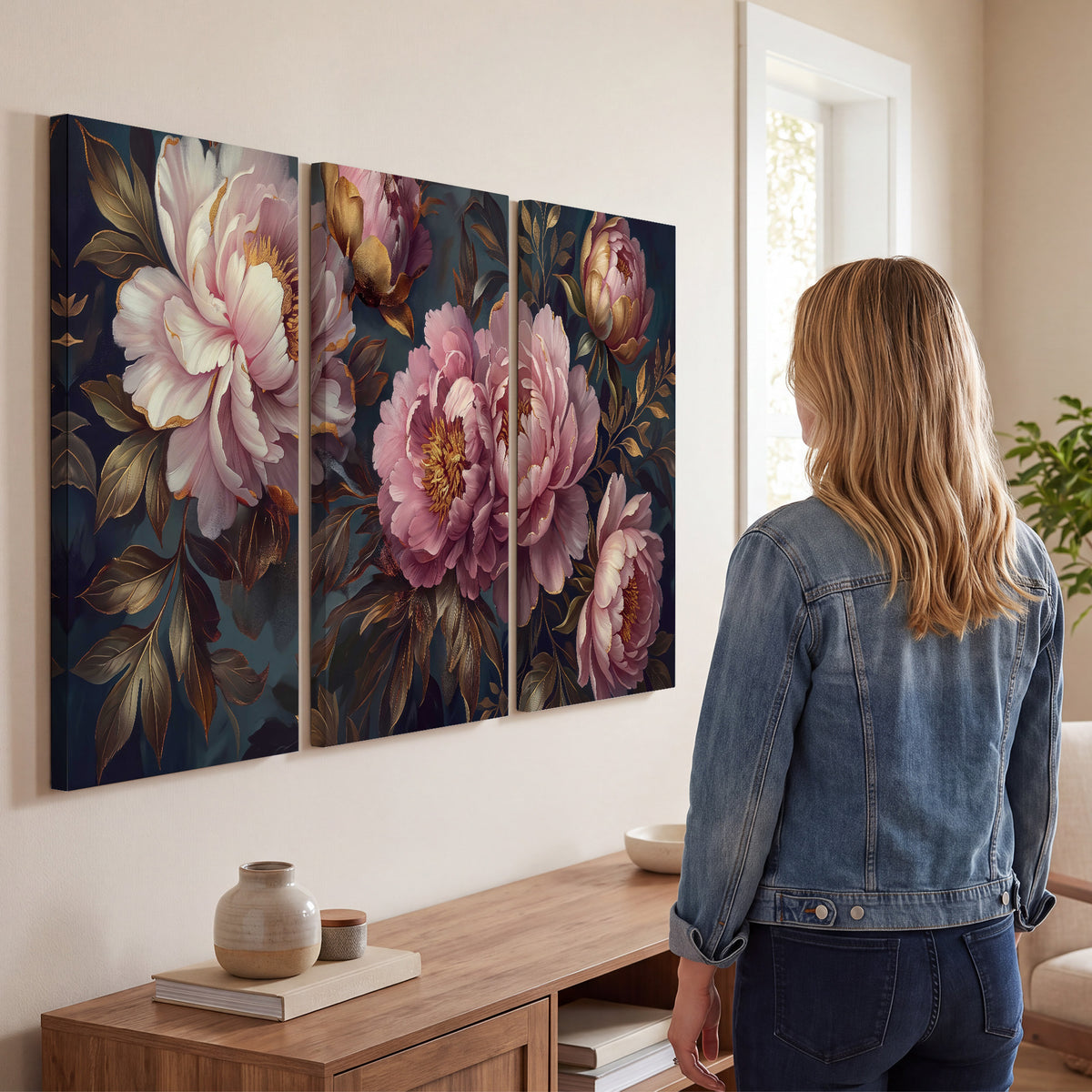 Large pink and cream peonies against deep blue foliage 3 piece canvas wall art three panel arrangement on a wall