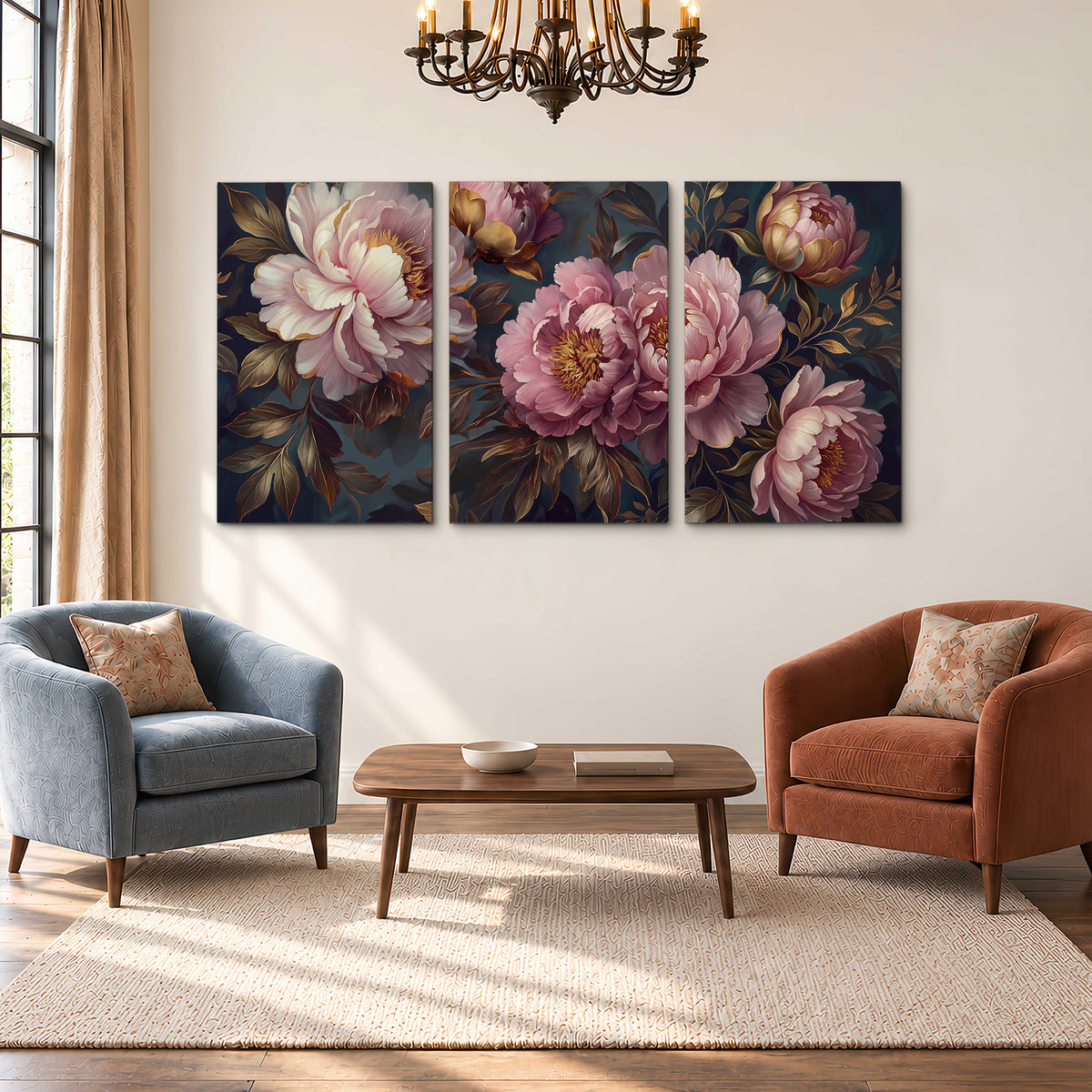 Large pink and cream peonies against deep blue foliage 3 piece canvas wall art styled in an interior