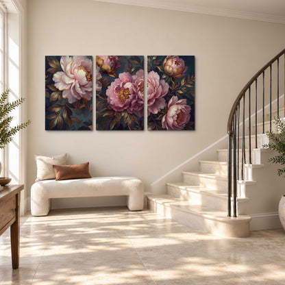 Large pink and cream peonies against deep blue foliage 3 piece canvas wall art styled in an interior