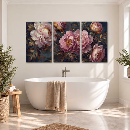 Large pink and cream peonies against deep blue foliage 3 piece canvas wall art styled in an interior