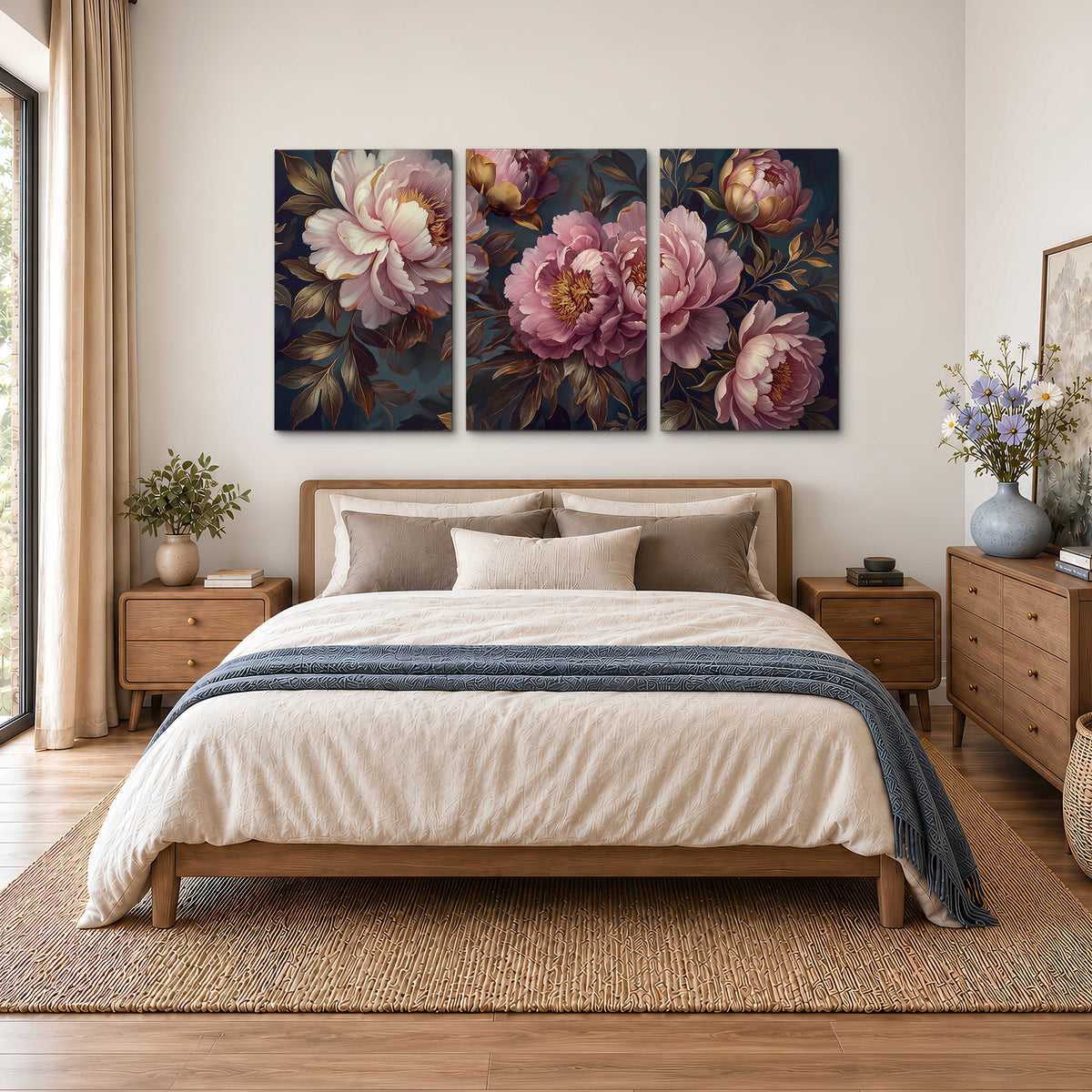 Large pink and cream peonies against deep blue foliage 3 piece canvas wall art styled in an interior