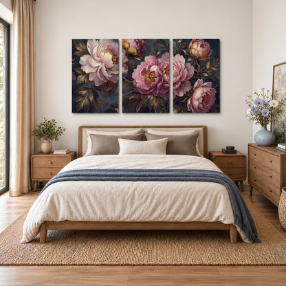 Large pink and cream peonies against deep blue foliage 3 piece canvas wall art styled in an interior