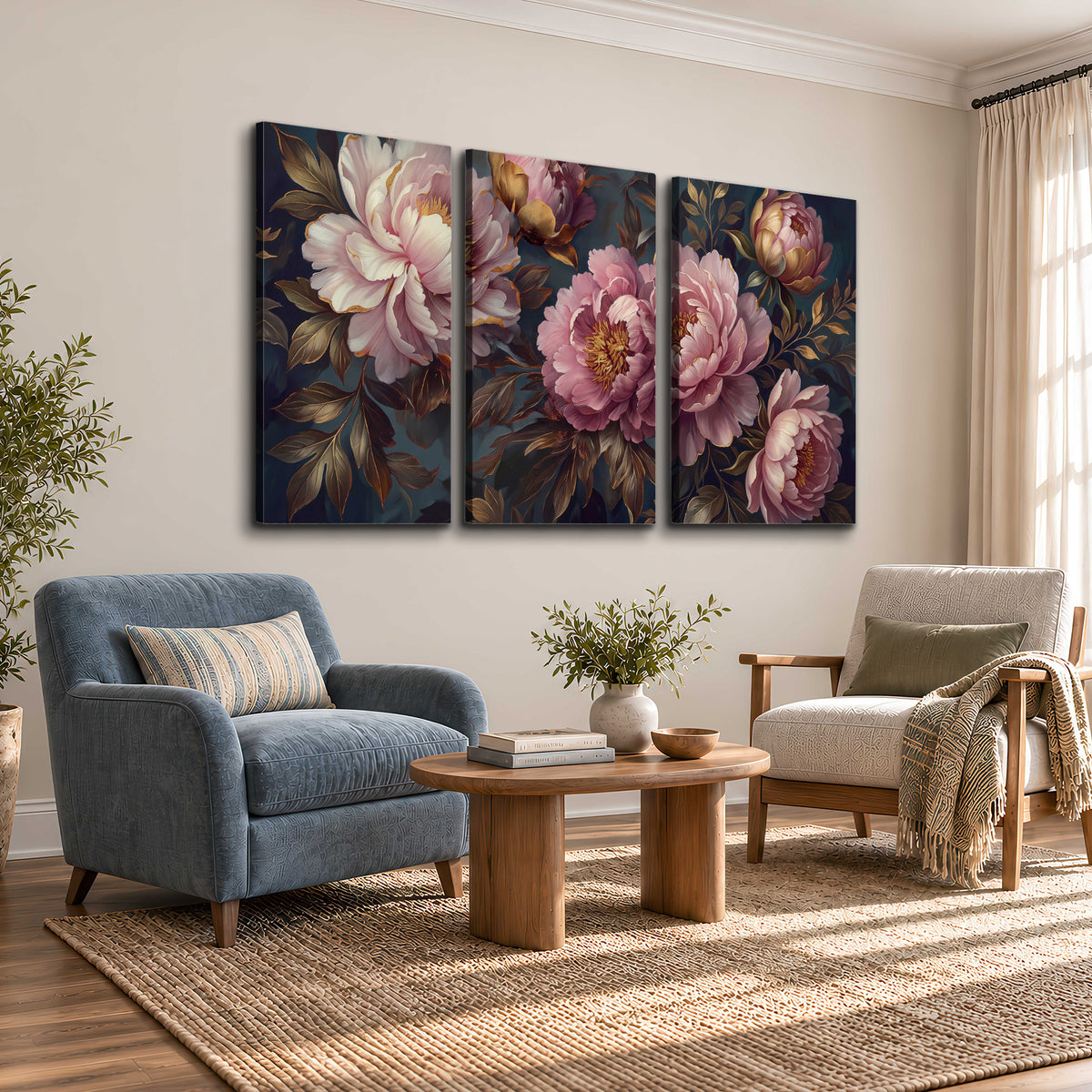 Large pink and cream peonies against deep blue foliage 3 piece canvas wall art styled in an interior
