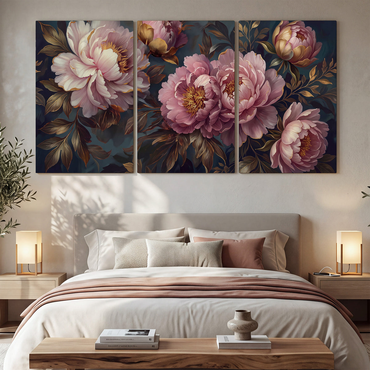 Large pink and cream peonies against deep blue foliage 3 piece canvas wall art displayed in a bedroom