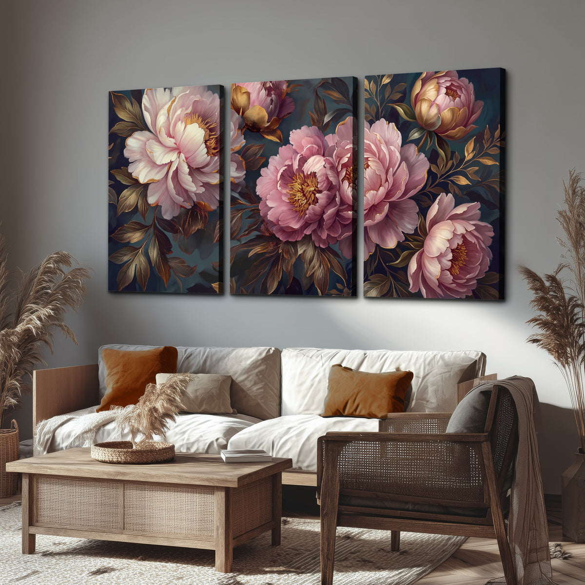 Large pink and cream peonies against deep blue foliage 3 piece canvas wall art displayed in a rustic living room