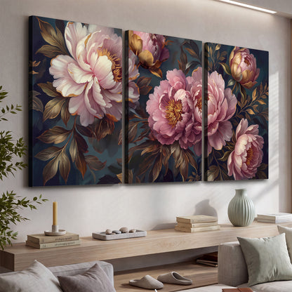Large pink and cream peonies against deep blue foliage 3 piece canvas wall art displayed in a console