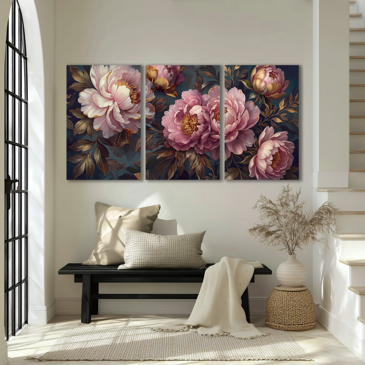 Large pink and cream peonies against deep blue foliage 3 piece canvas wall art displayed in a entryway