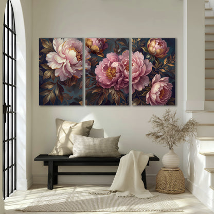Large pink and cream peonies against deep blue foliage 3 piece canvas wall art displayed in a entryway