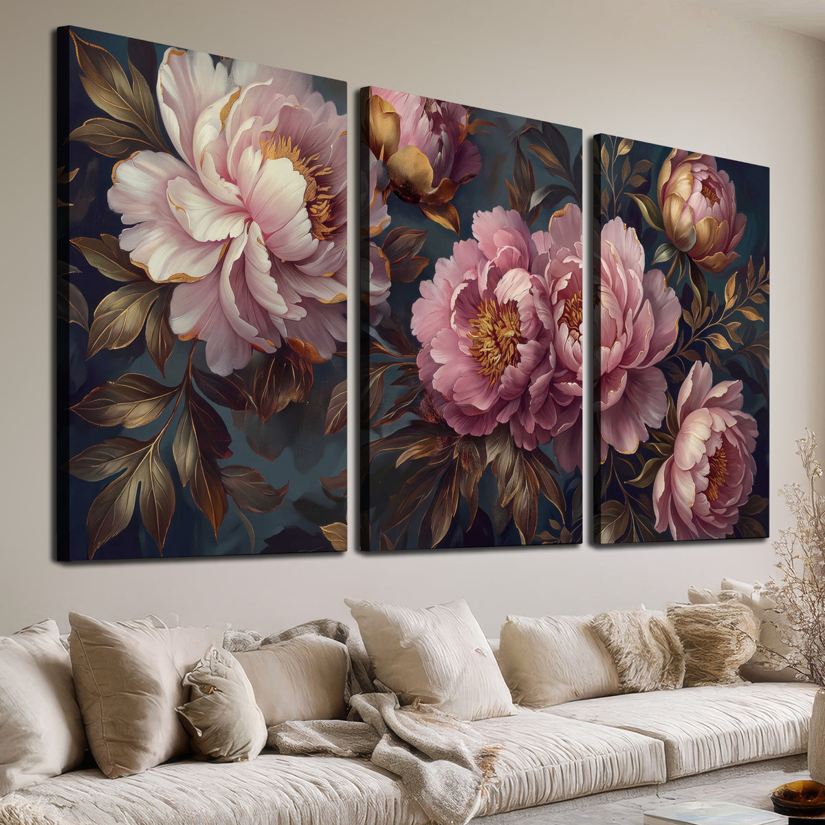 Large pink and cream peonies against deep blue foliage 3 piece canvas wall art room and product view