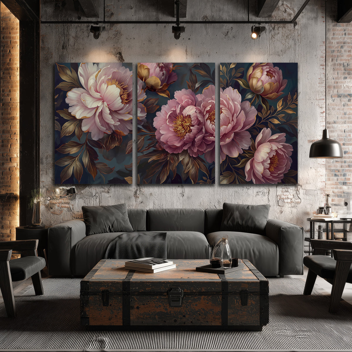 Large pink and cream peonies against deep blue foliage 3 piece canvas wall art displayed in a industrial room