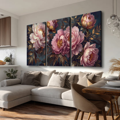 Large pink and cream peonies against deep blue foliage 3 piece canvas wall art room and product view