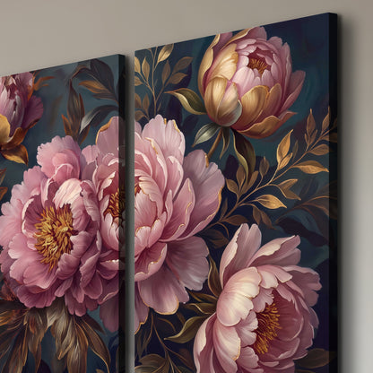 Large pink and cream peonies against deep blue foliage 3 piece canvas wall art room and product view