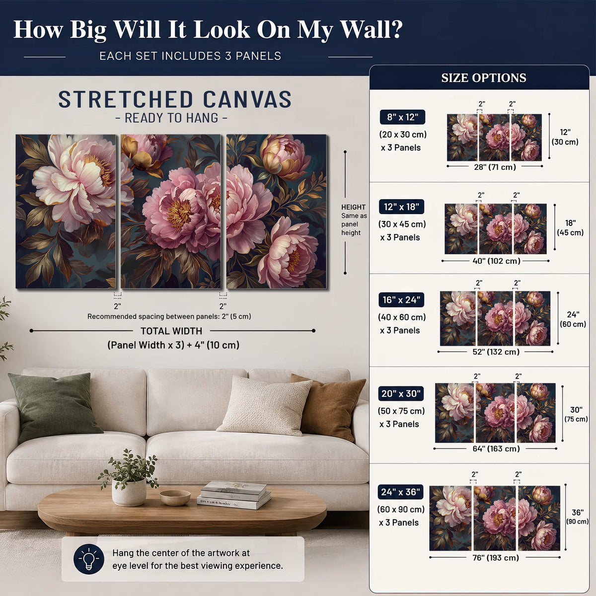Large pink and cream peonies against deep blue foliage 3 piece canvas wall art size guide above a sofa; room view is illustrative