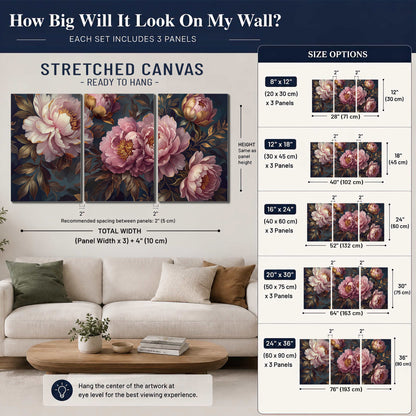 Large pink and cream peonies against deep blue foliage 3 piece canvas wall art size guide above a sofa; room view is illustrative